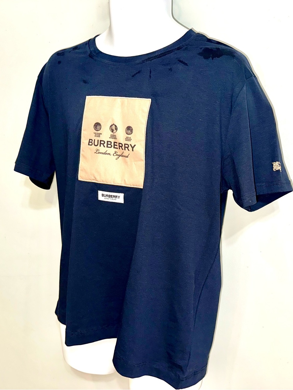 Burberry Navy Short Sleeve Tee with Tan Logo Patch